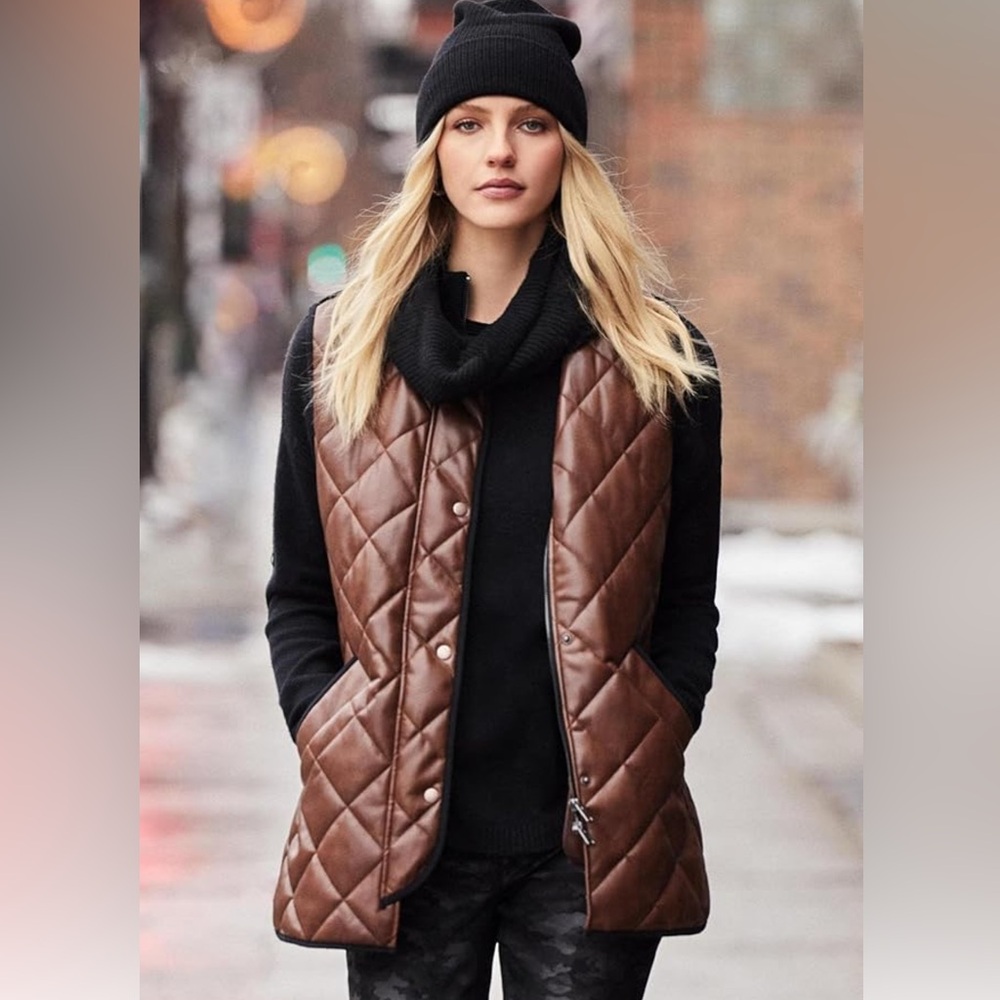 NWT Charlie B Quilted Faux Leather Vest in Brandy